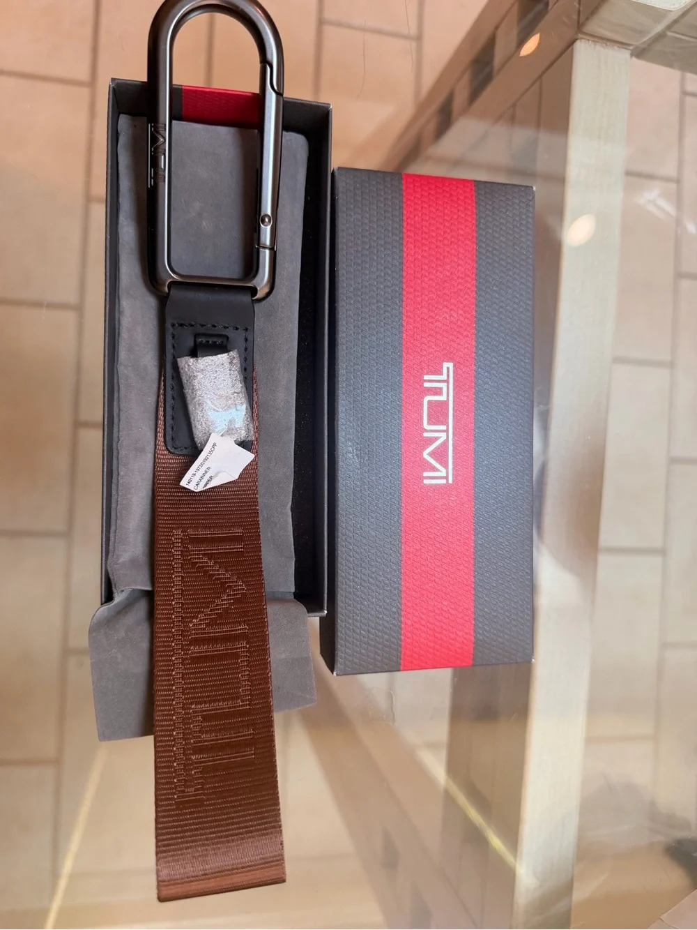 Tumi Brown Webbing Strap with Gunmetal Carabiner